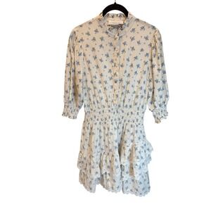 The Shirt Rochelle Behrens Floral Mini Dress Blue Rose Cotton Smocked Ruffle M